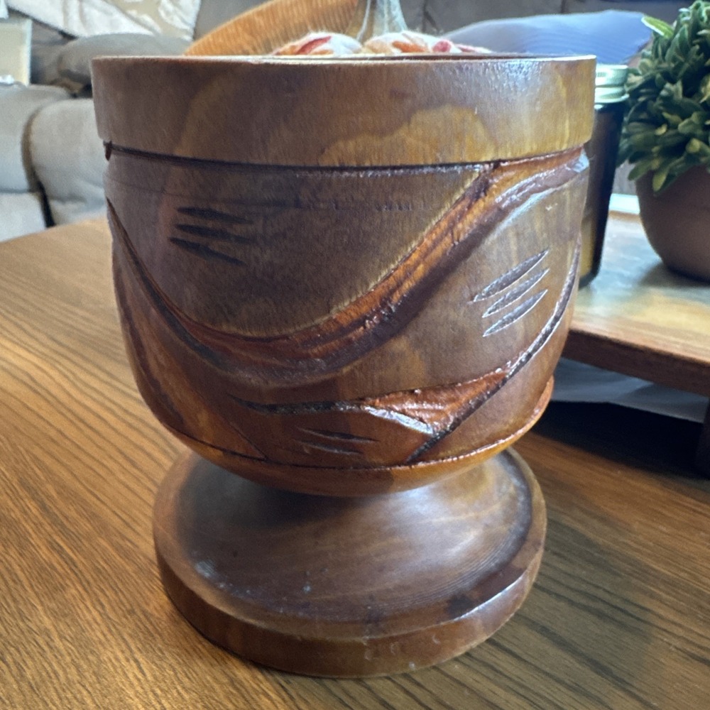 Old Wooden Hand Carved Mortar  Pedestal Bowl - Leaf / Flower